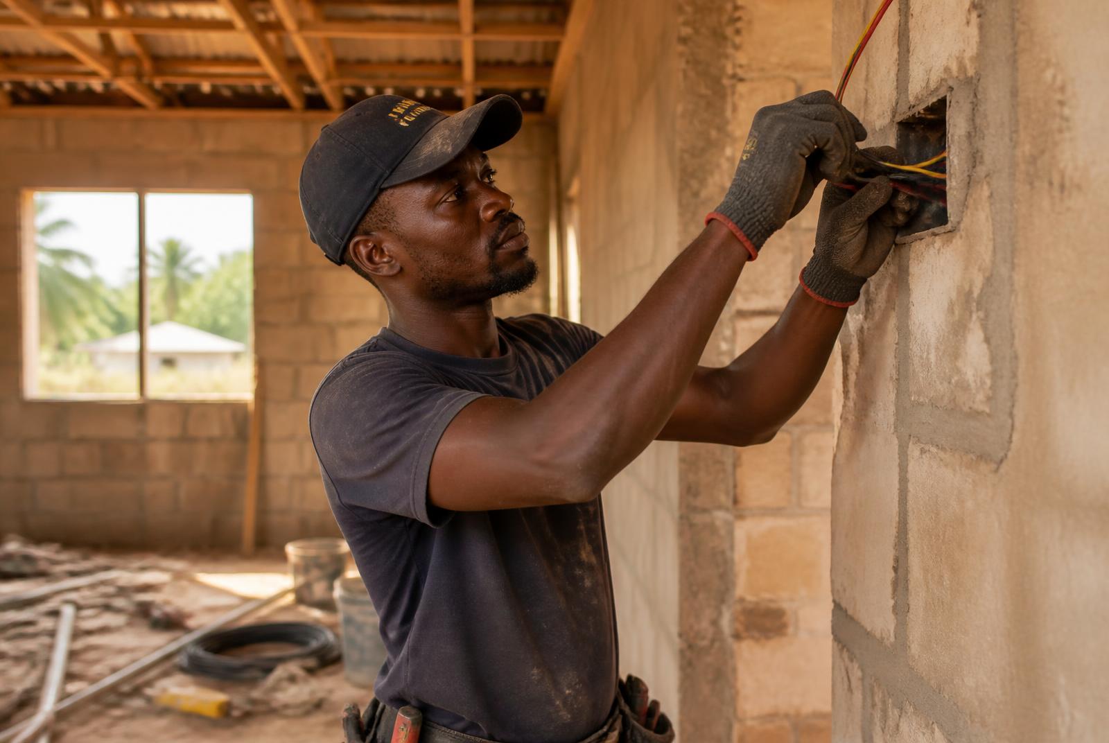 Electrician wiring a new home in Ghana